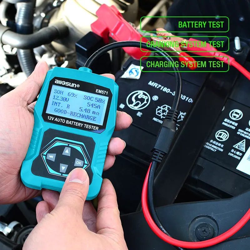 all-sun EM571 12V Automotive Digital Car Battery Tester 100-2000 CCA LCD Cranking Charging Tester Diagnostic Tool Russian