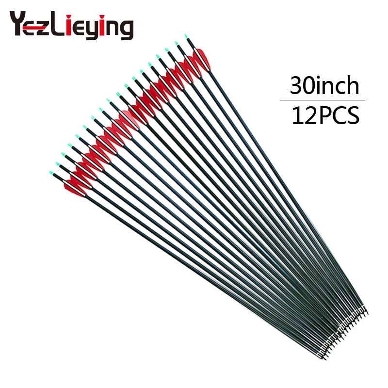 12P 26/27/30 Inch ID6.2mm Carbon Arrow Spine 500 Red and White 4inch Feathers for Composite Bow Hunting Shooting Outdoor