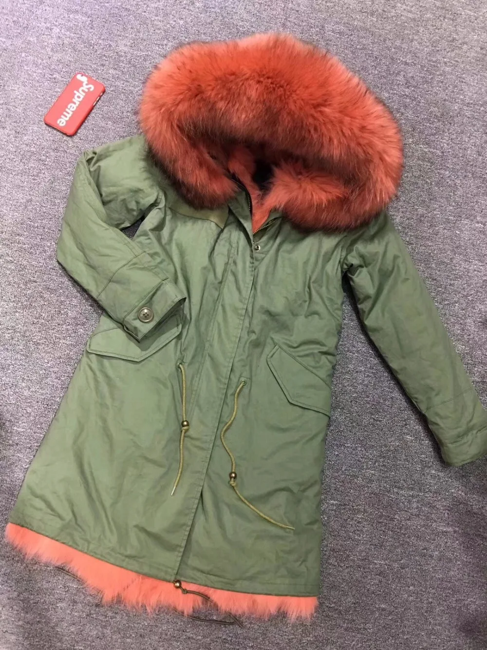 Women Nice Fox Fur Lined Long Parka Coral Red Overcoat Army Green Cotton Out Shell With Raccoon Fur Collar