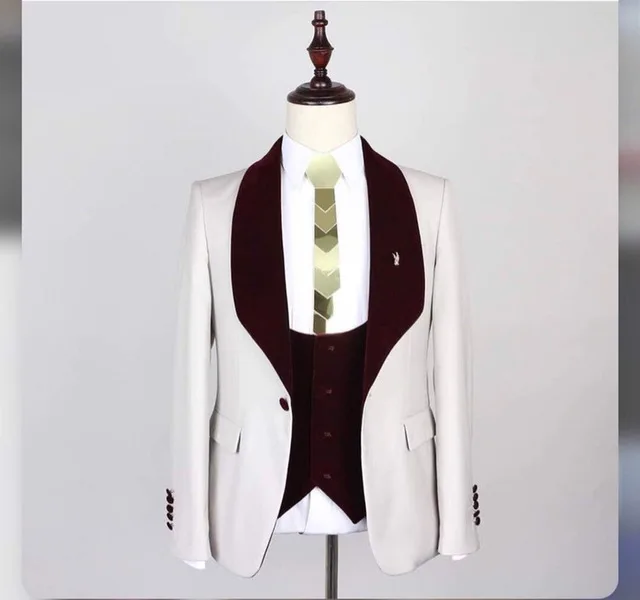 

Custom Made Slim Fit Formal Wedding Suits For Men Ivory Tuxedos Groom Party Prom Suit Burgundy Shawl Lapel Costume Homme Mariage