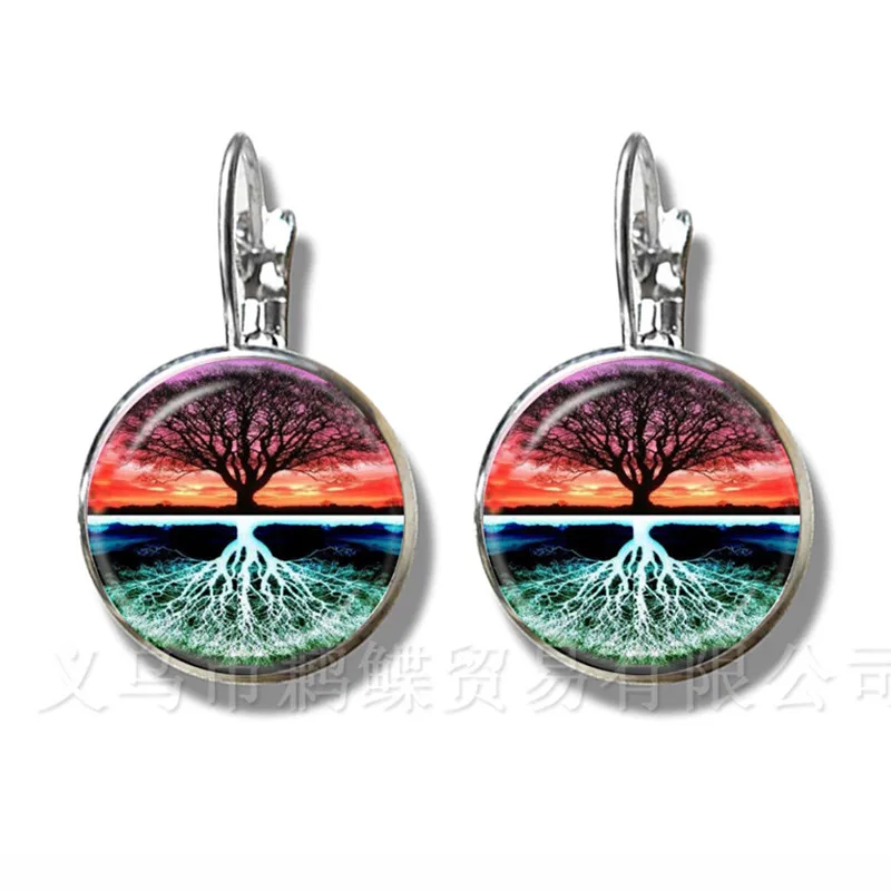 Tree Of Life Glass Cabochon Yin Yang Earrings 16mm Glass Dome Handmade Trendy Silver Plated Stud Earrings For Women Gift