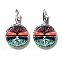 Tree Of Life Glass Cabochon Yin Yang Earrings 16mm Glass Dome Handmade Trendy Silver Plated Stud Earrings For Women Gift