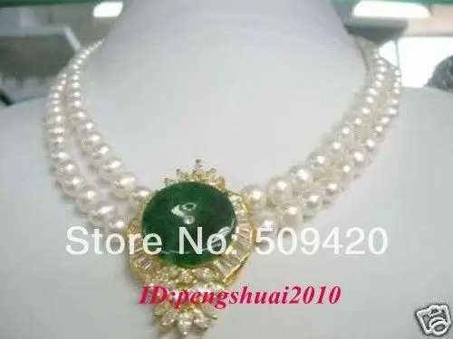 

Free Shipping Wholesale New 2Rows White Freshwater Pearls Green jade Drop Women Prom Necklace Chocker