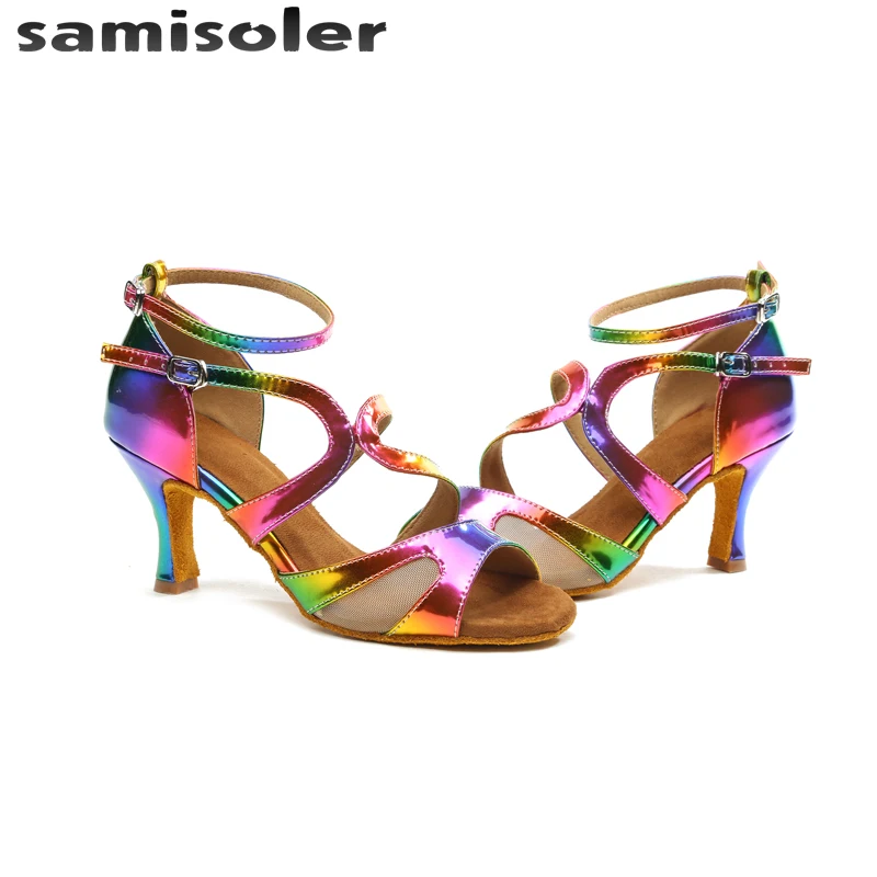 Samisoler Latin Dance Shoes Rainbow Colors bright PU Women\'s Salsa elegant Ballroom dancing shoes soft tango dance shoes heel