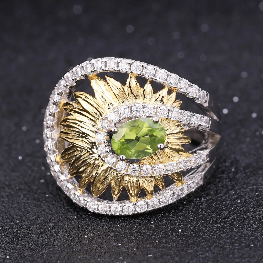 GEM'S BALLET 0.86Ct Natural Peridot Sunflower Rings 925 Sterling Silver Creative Handmade Ring for Women Wedding Fine Jewelry