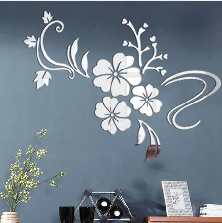 MEYA Acrylic FlosFlower  Hibisci Wall Mirror Stciker ,DIY 3D Fower Plant Mirror Decal&Murals