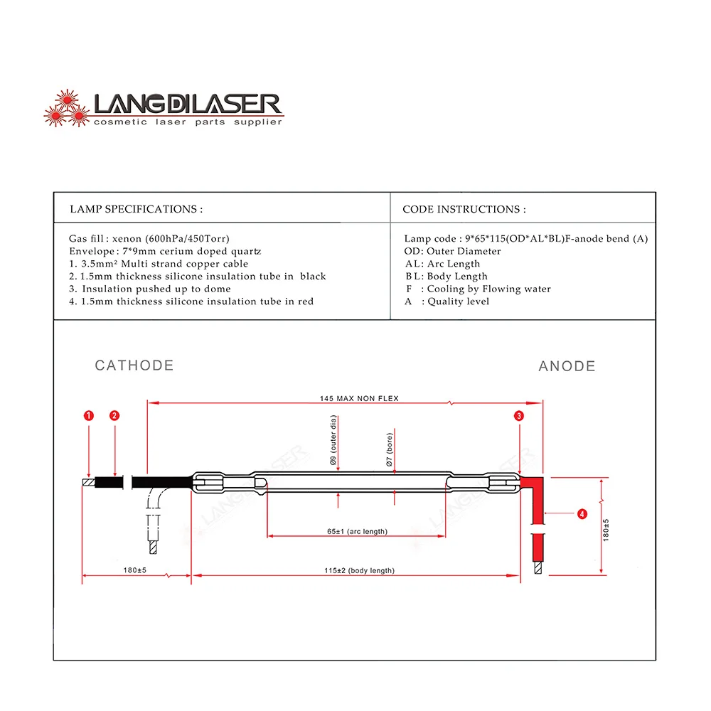 IPL laser bulbs : 9*65*115F - anode bend , IPL flash Lamp for honkonlaser handpeice , Germany heraeus lamps