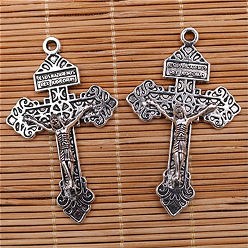 4pcs Silver Plated Metal Vintage Jesus Cross Charm Religious Necklace Bracelet DIY Handmade Jewelry Alloy Pendant 55*34mm A1558