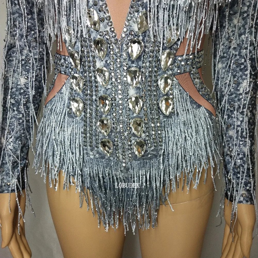 Silver Rhinestones Fringed Long Sleeve Bodysuit Female Crystals Tassels Elastic Catsuit Nightclub Female DJ Singer Stage Costume