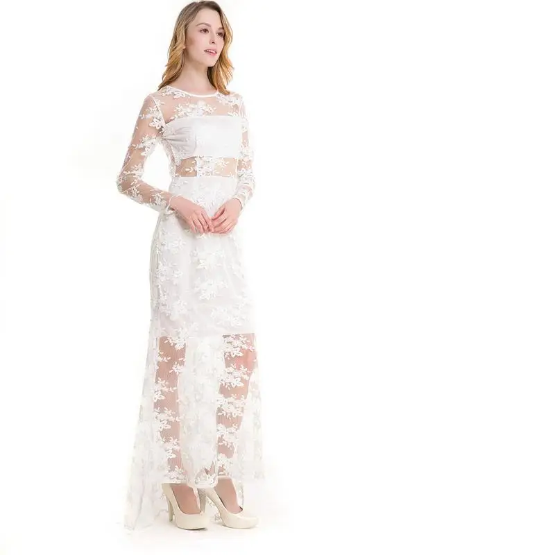 Banquet dress banquet sexy hollow see through lace embroidery dress O collar long sleeves yarn long dress Vestidos G45