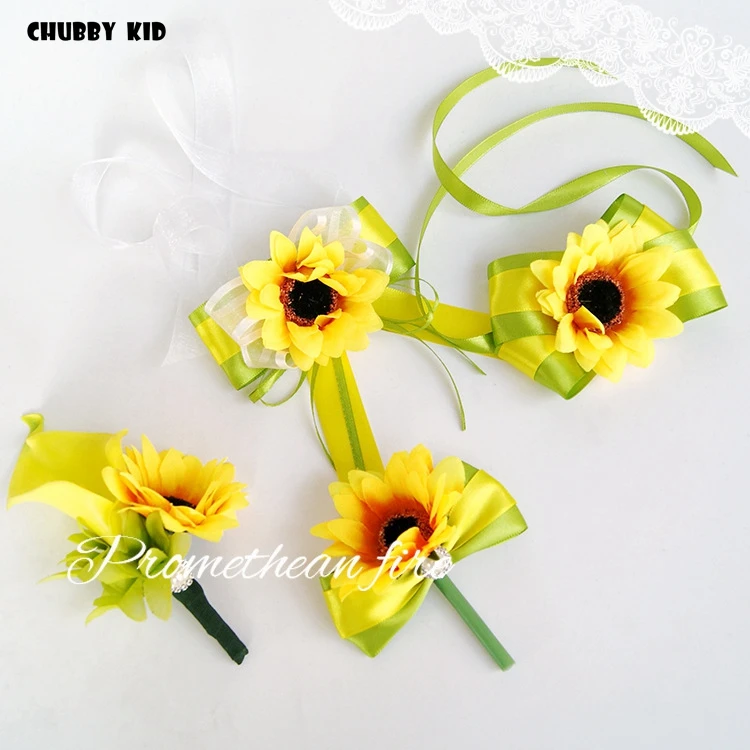 10pcs/lot ! Artificial yellow color sunflower groomsmen boutonnieres groom corsages bridal wrist flowers Bridesmaid hand flowers