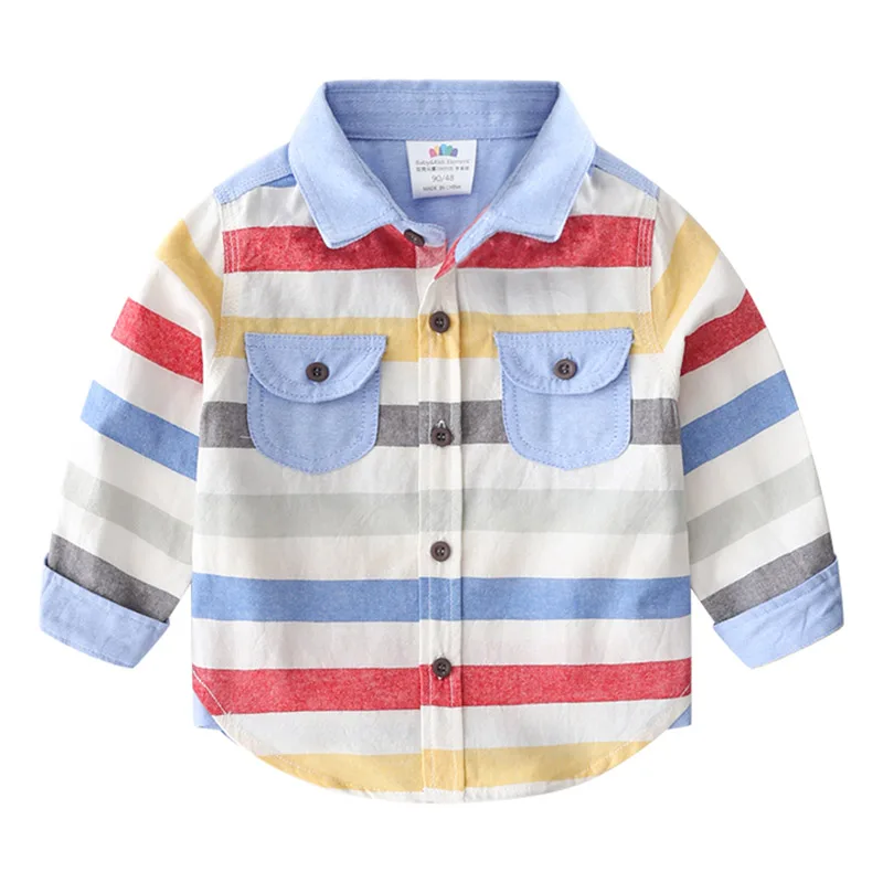 2024 Spring Autumn 2-8 10 12 Years Long Sleeve Pocket Colorful Striped Color Patchwork Cotton Baby Kids Boy Shirts For Children