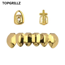 TOPGRILLZ Gold Silver Plated Hollow&Cross Single Top Hip Hop Grillz Classic Bottom Dental Grills Vampire Teeth for Costume Party