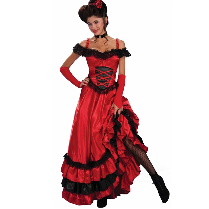 Halloween Costumes Women Sexy Spanish Gypsy Red Can Can Lace Long Dress Burlesque Party Saloon Show Girl Flamenco Dance Dresses