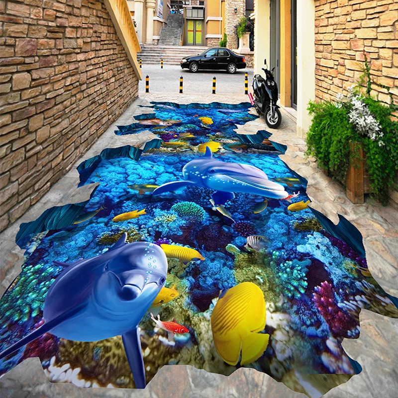 Custom Self-adhesive Floor Mural Cartoon Dolphin Coral 3D Floor Tiles Wallpaper Outdoor Mall Wear Non-slip Stickers 3 D