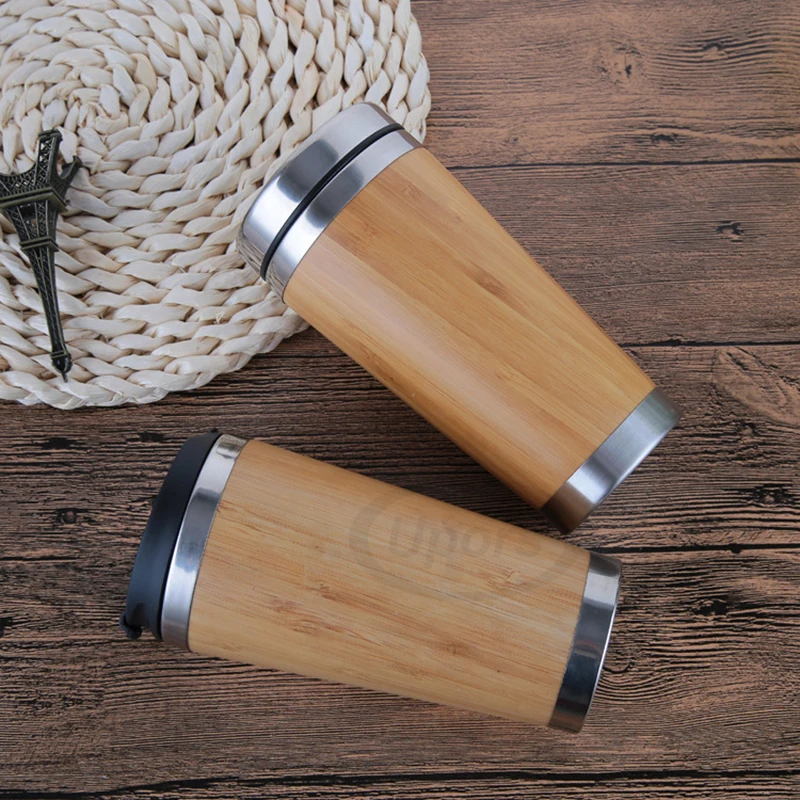 UPORS 450ml Bamboo Coffee Cup Stainless Steel Coffee Mug with Leak Proof Lid Travel Reusable Wooden Mug Insulated Coffee Tumbler