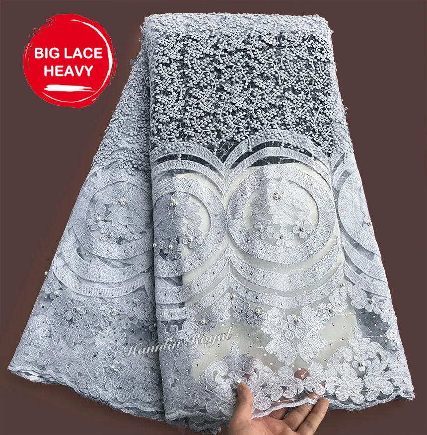 Silver Metallic Lurex African French Mesh Lace Heavy Tulle Fabric Nigerian Traditional Wear With Stones Beads High Quality