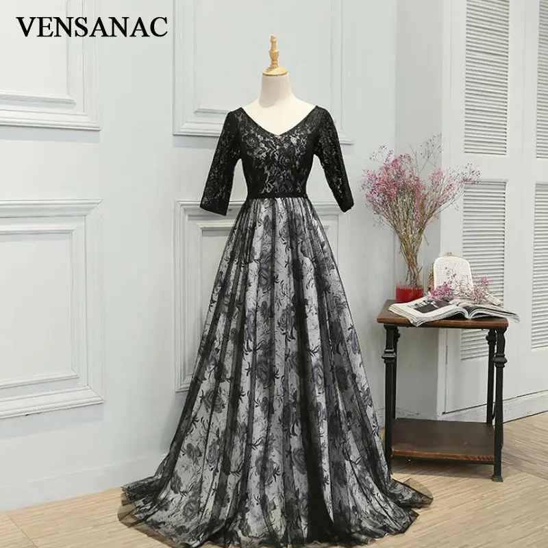 

VENSANAC 2017 New A Line Embroidery V Neck Long Evening Dresses Half Sleeve Elegant Draped Lace Sweep Train Party Prom Gowns