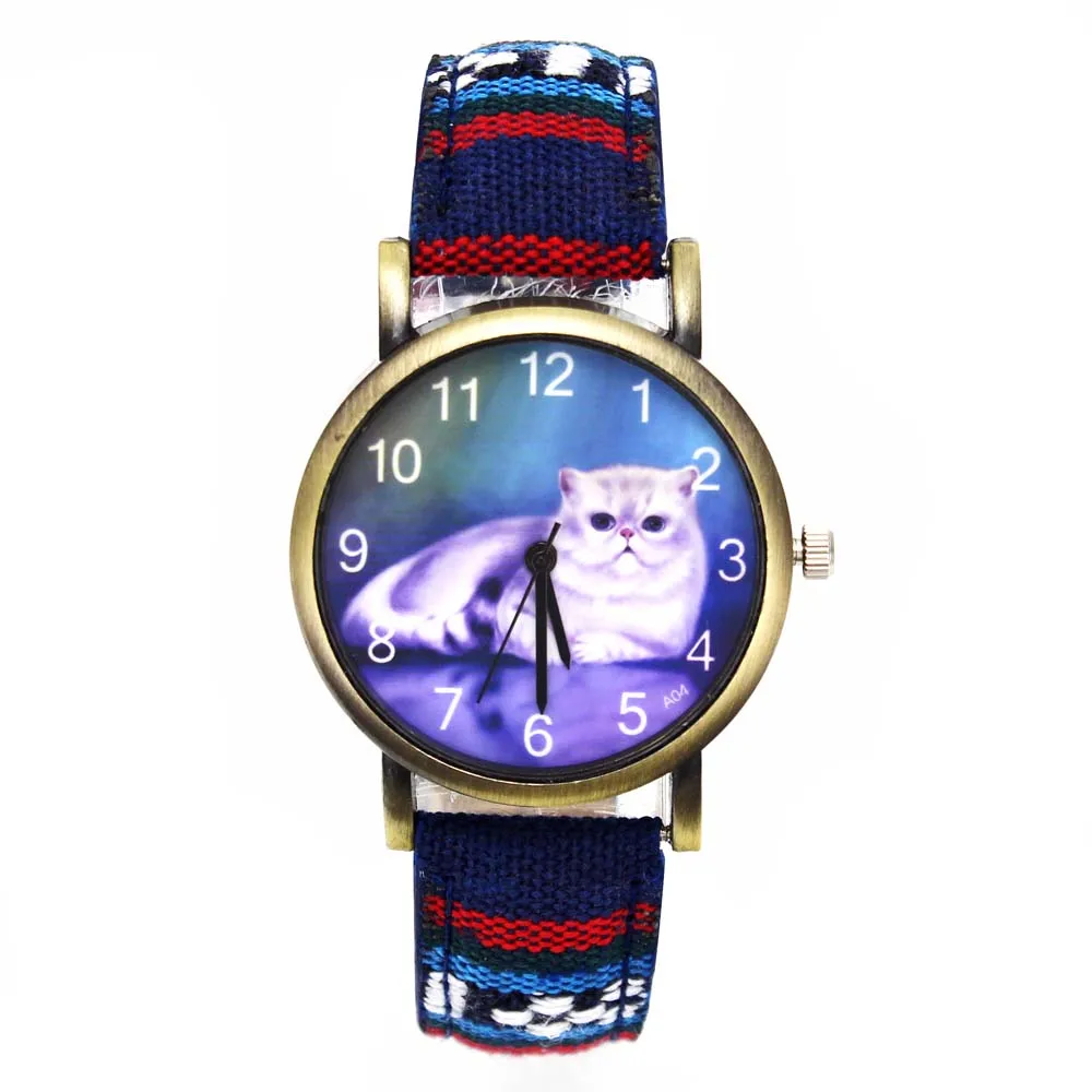 Cute Lucky Cat Pet Kitty Cheshire Cats Animal Quartz Watches Casual Women Ladies Girl Fashion Denim Stripes Wristwatch Watch