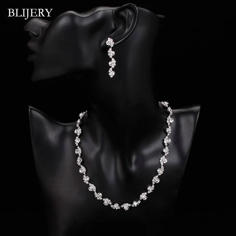 BLIJERY Silver Color Rhinestone Crystal Choker Necklace Earrings Set for Women Floral Bridesmaid Bridal Wedding Jewelry Sets