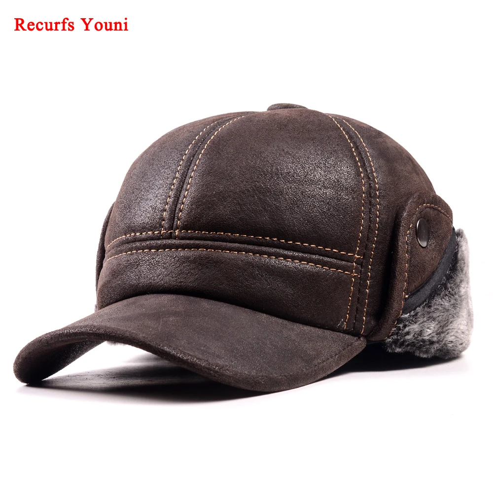 RY9100 Male Winter Genuine Leahter Suede Bomber Hat Man Nubuck Thick Head Warm Dome Caps Elder Black/Brown sewing Fitted Gorras