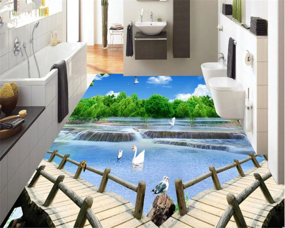 

beibehang Custom Fashion Wallpaper indoor bathroom kitchen living room river woods 3D flooring tiles wallpaper for walls 3 d