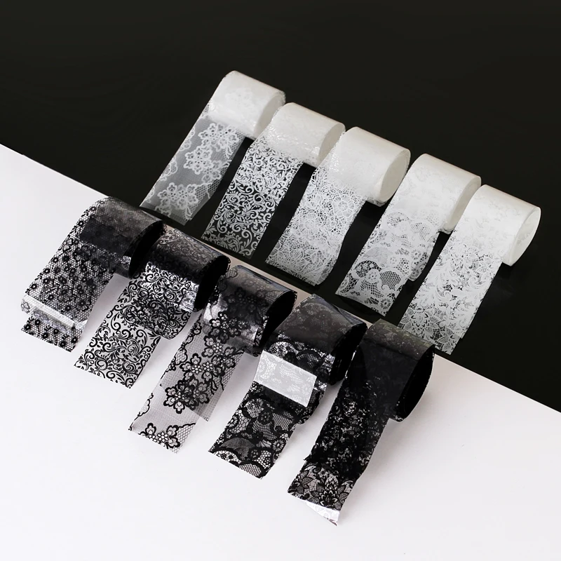 10 Rollen 2,5*60cm Neue Schwarz-Weiße Spitzen-Transferfolie Nagelkunst Sexy Vollfolien Blumen Klebstoff DIY Maniküre Styling-Werkzeuge – Detail 1