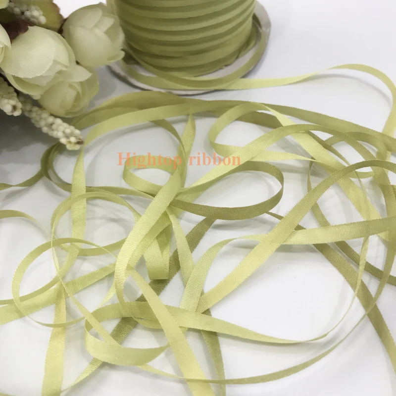 4mm yellow green variegated color 100% pure silk woven double face silk ribbons for embroidery handcraft project,gift packing