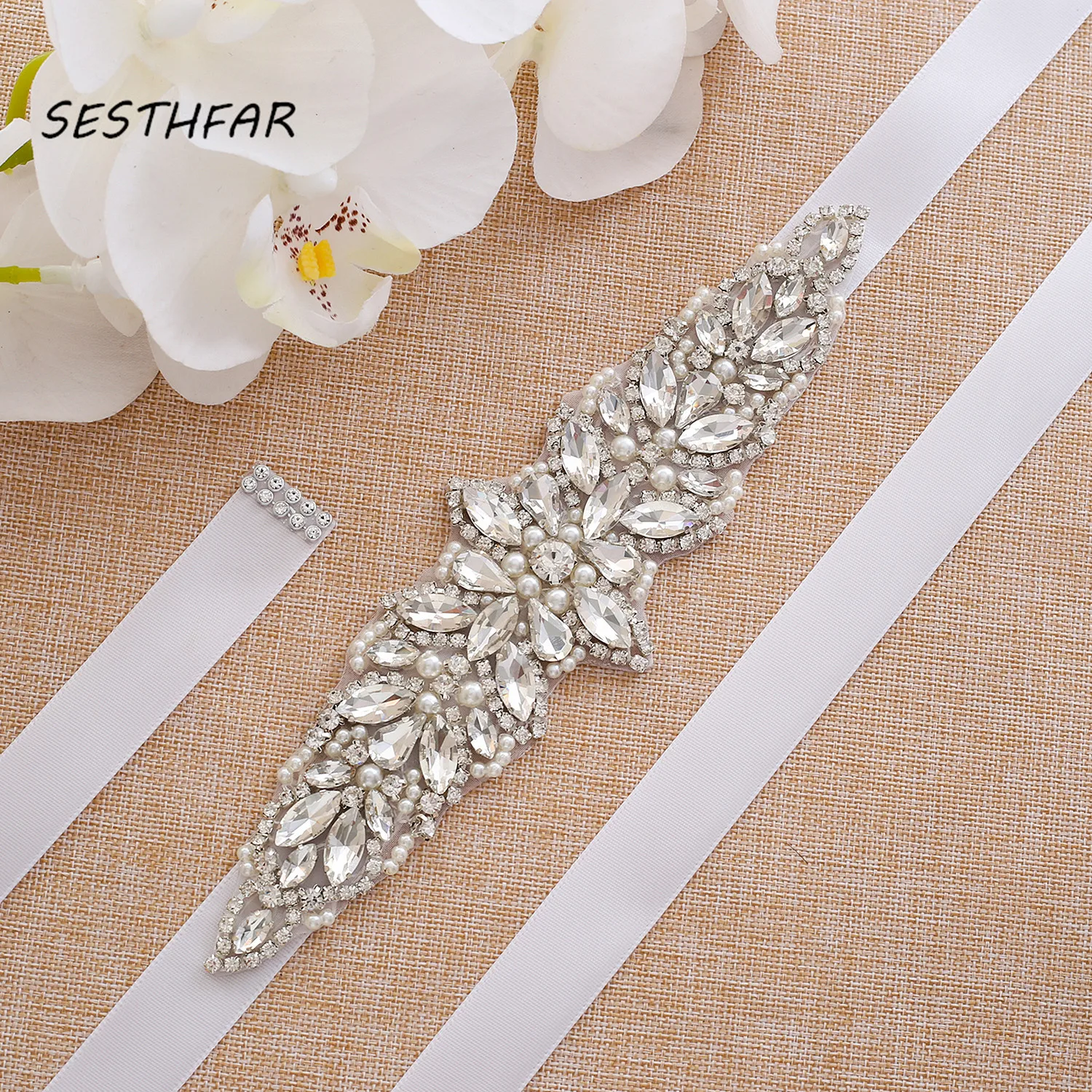 

SESTHFAR Silver Rhinestones Bridal Belt Crystal Pearls Ribbons Wedding Belt Sash For Bridal Bridesmaids Dresses