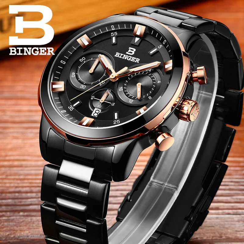 2017 New Watch Chronograph  Men\'s Sport Military Wristwatches BINGER Brand  Stainless Steel Quartz Watches Waterproof B-9011G