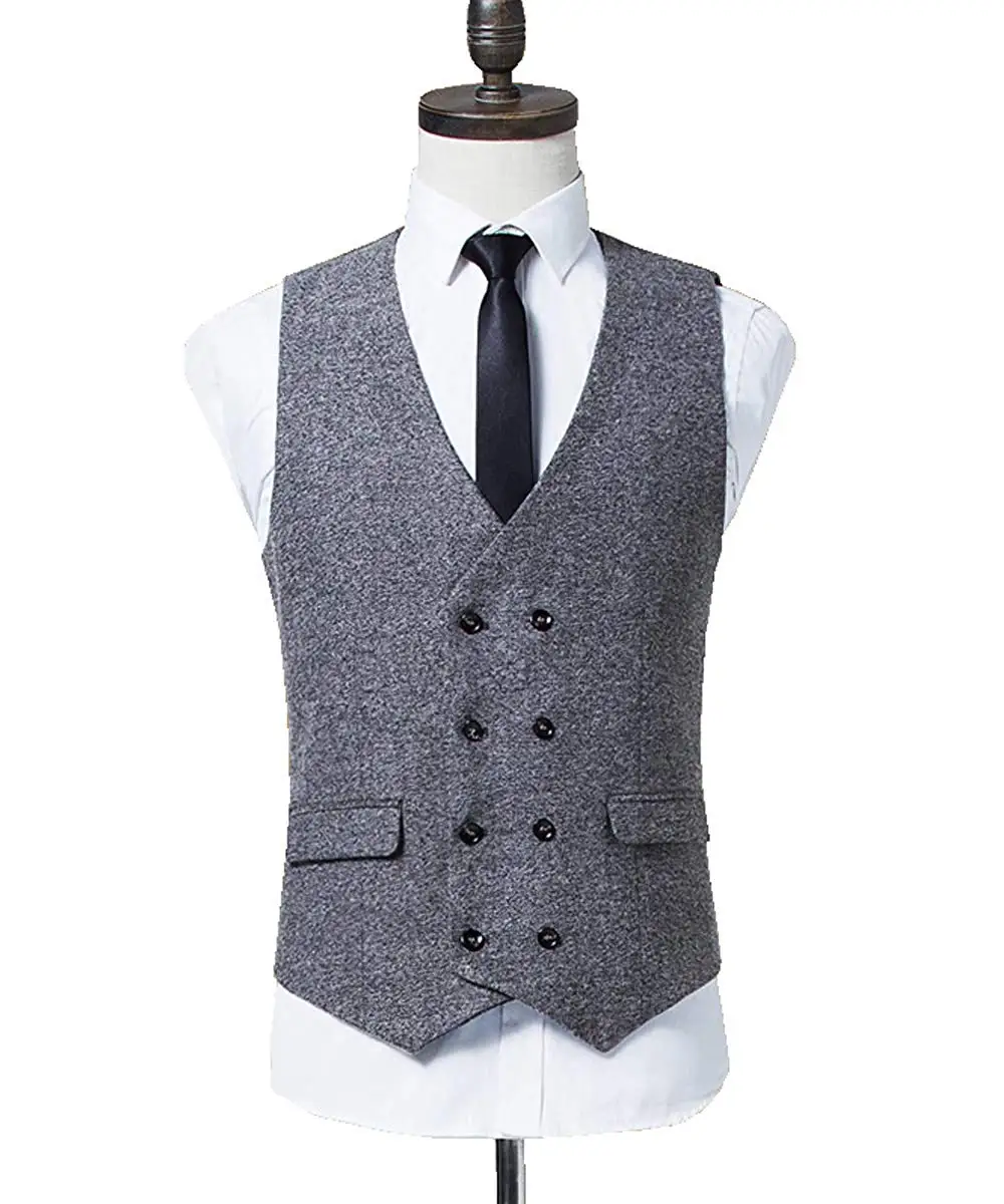 

2022 New Grey /Khaki Mens Suit Vest Formal Business Double Breasted Wool Tweed Winter Waistcoat Groomsmen For Wedding/Party