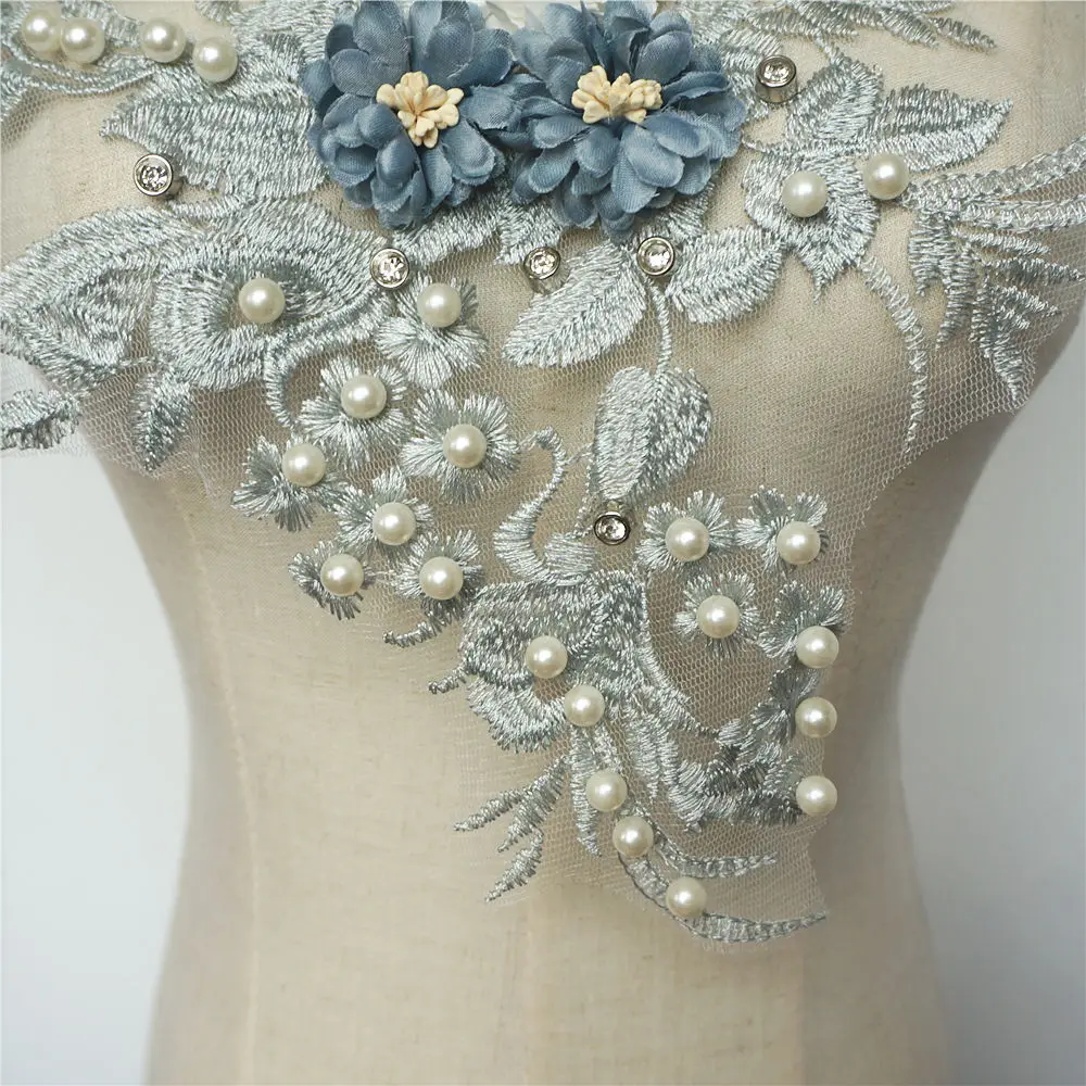 33CM Grey Fabric 3D Flowers Beads Rhinestone Sequins Appliques Lace Trims Embroidery Mesh Sew On Patches For Wedding Decoration