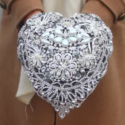 Broche de cristal en forma de corazón para boda, ramo de novia con perlas de lujo, decoración de boda con diamantes de imitación, hecho a medida