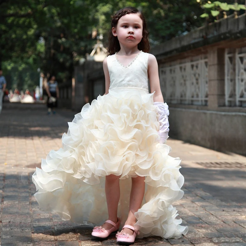 

New Arrival Elegant Girls Pageant Dresses Sleeveless V-Neck Beading High Low Ruffles Princess Wedding Gown Vestidos Longo