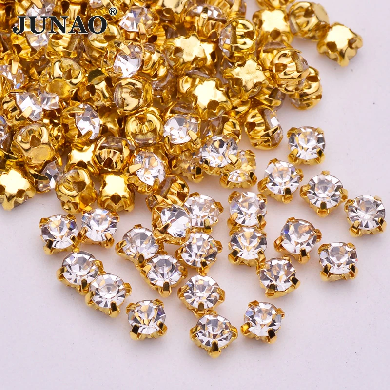 JUNAO SS16 1440pcs Sewing Gold Color Claw Glass Clear Rhinestones Flatback Strass Crystals Stones For Clothes Jewelry Decoration