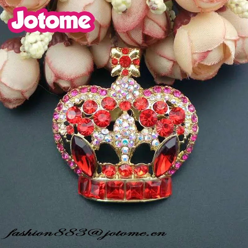 50 Pcs/Lot Fashion Jewelry Elegant Tiara Red Rhinestone Crown Brooch Pins For Girl Accessories