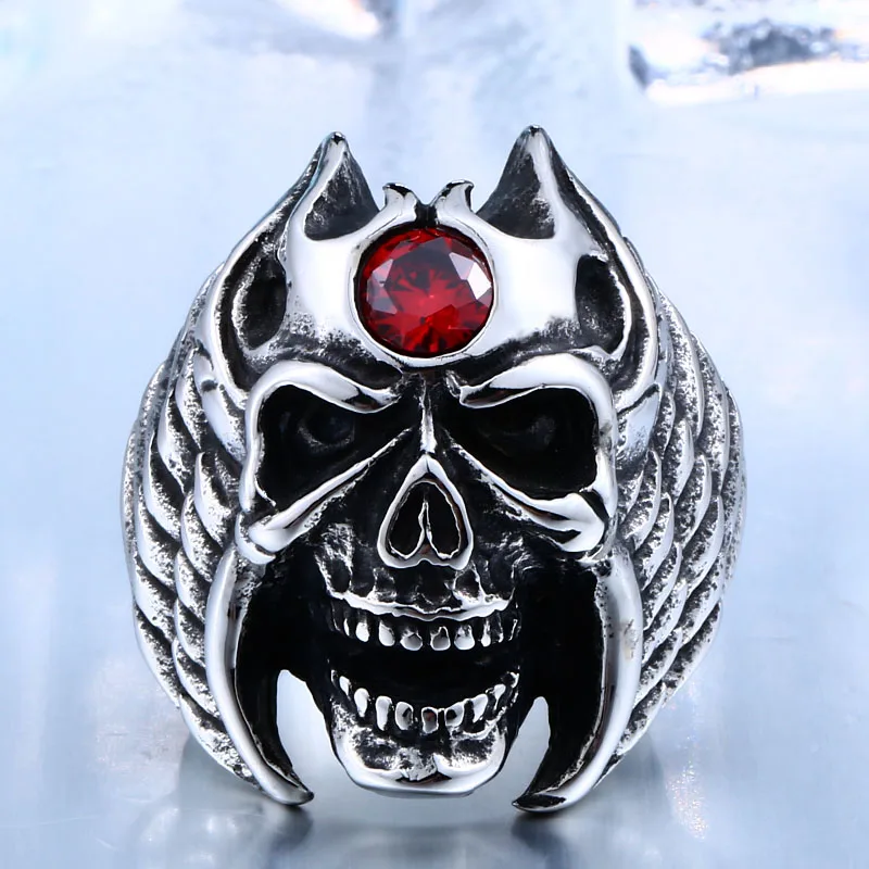 BEIER Hiphop 316L Hot Sell 316LStainless Steel Winged Skull With Red Stone Cool Punk Ring Jewelry drop shipping BR8-415