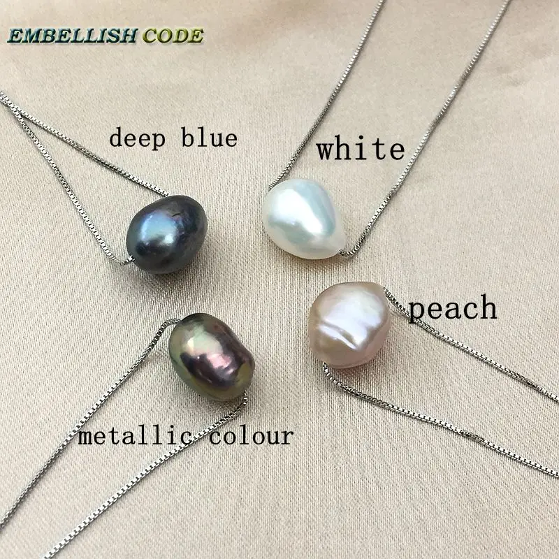 Hot Simple Small Baroque Pearl Pendant Necklace White Peach Deep Blue Metallic Color Box Chain 925 Silver 16\'\' 18\'\' For Girl