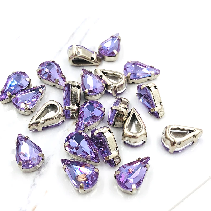 30pcs/pack 6X10/8X13mm Crystal Violet peardrop Copper claws hollow thick bottom high quality Sew on rhinestones DIY accessories