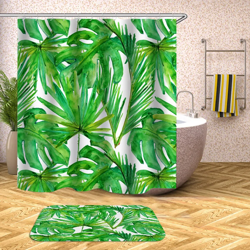 Tropical Plants Shower Curtain Leaves Bath Curtains For Bathroom Bathtub Waterproof Bathing Cover Extra Large Wide 12pcs Hooks