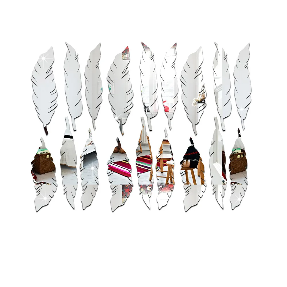 Acrylic Mirror Surface Feather Wall Sticker For Kids Rooms Baby Nursery Self-adhesive Wall Decal Home Decor DIY Art Mural Poster