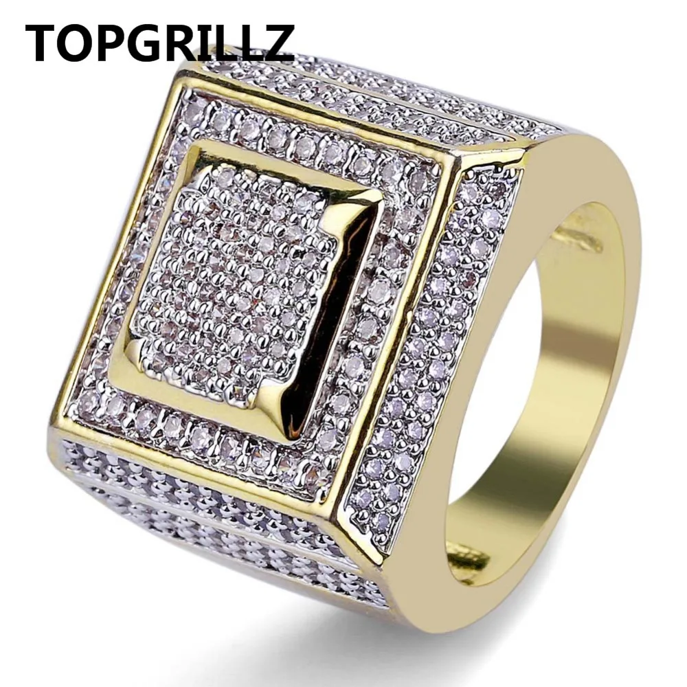 TOPGRILLZ Hip Hop Men Ring Copper Gold Color Plated Iced Out Micro Pave Cubic Zircon Square Rings With 7,8,9,10,11 Five Sizes