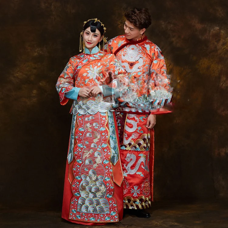 Orange Red 2 Colors Delicate Embroidery Traditional Chinese Wedding Hanfu Xiu He Fu for Couple Bride and Groom Wedding Suits