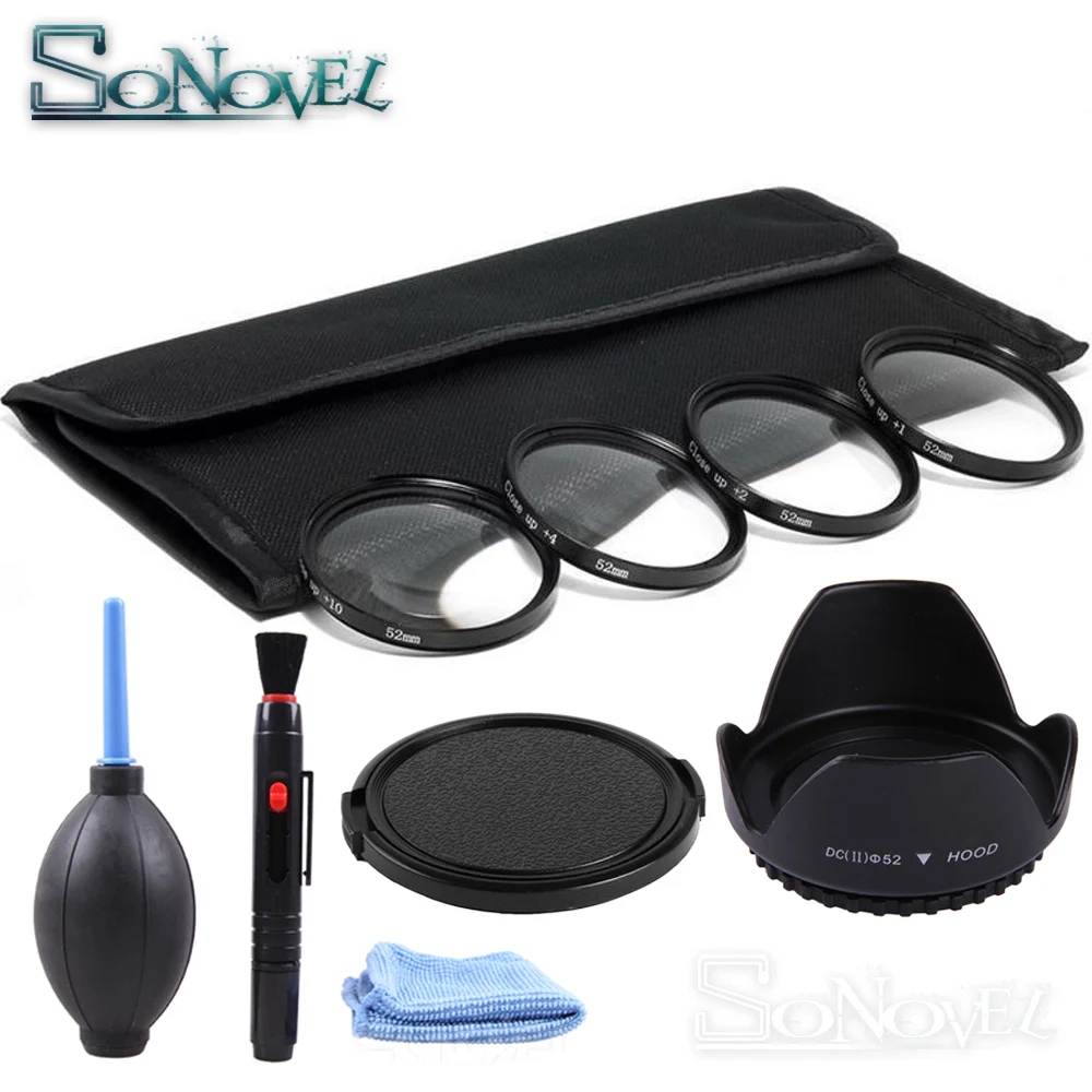 매크로 클로즈업 필터 세트, 1 + 2 + 4 + 10 렌즈, 렌즈 후드, 캐논 니콘 소니 DSLR 카메라용 클리닝 키트, 49 52 55 58 62 67 72 77 mm
