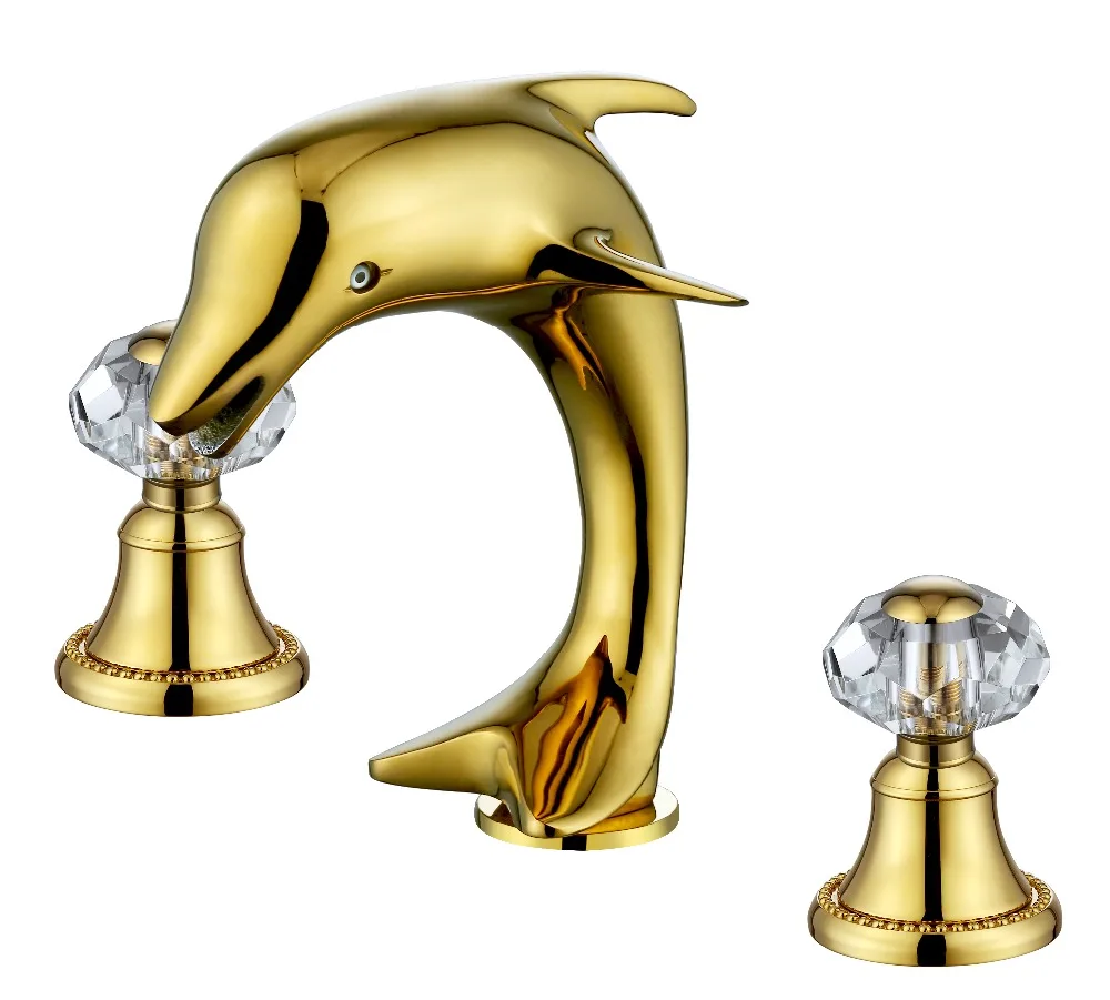 Free ship Gold PVD clour solid brass Bathroom Sink Faucet dolphin mixer Tap crystal handles luxury faucet