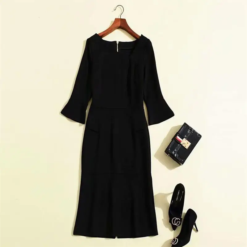 Princess Kate Middleton Dress 2020 Woman dress Oblique Collar Flare Sleeve Solid Slim Elegant Midi Dresses Work Dress  NP0171