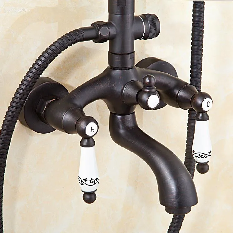 Imagem -03 - Torneiras de Chuveiro Estilo Euro Bronze Torneira do Banheiro Petróleo Friccionada Bronze Dupla Alça Controle Duplo com Barra Corrediça com Mão sh Preto