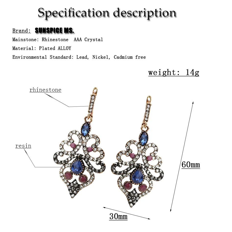 Sunspicems Exquisite Women Crystal Earrings Turkish Retro Vintage Dangle Hook Love Earrings Drop Water Resin Ethnic Jewelry