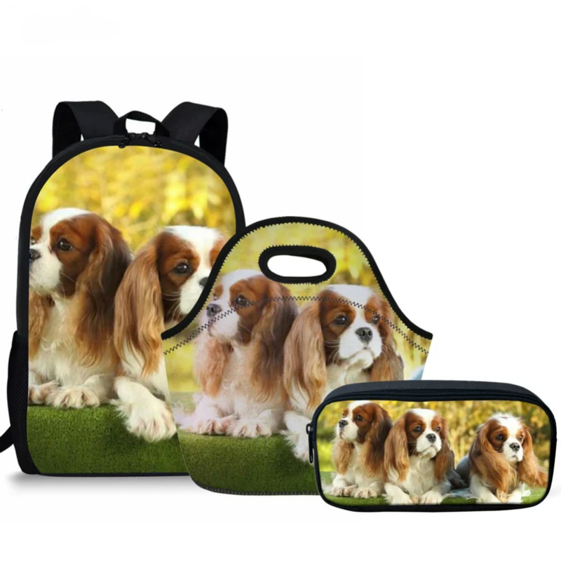 ELVISWORDS-mochilas escolares con estampado de perro Spaniel para niñas y niños, conjunto de 3 unids/set, Mochila Escolar de viaje