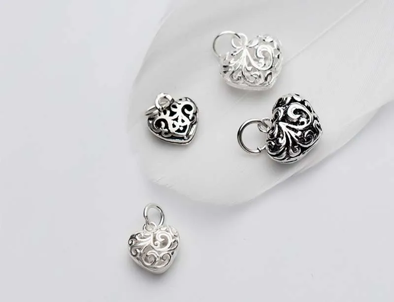 925 Sterling Silver Hollow Craft Heart Charms Big Small Size Dangle Pendants Fit Bracelets Earrings Making DIY Jewelry Findings